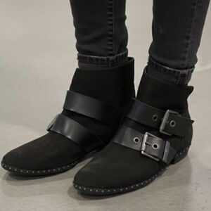 Luxury Rebel Black Suede Moto Buckle Ankle Boots Size 9